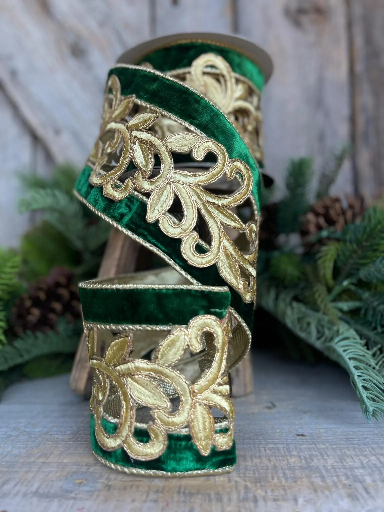 4" Emerald Green Gold Embroidered Lancet Ribbon, Farrisilk Ribbon