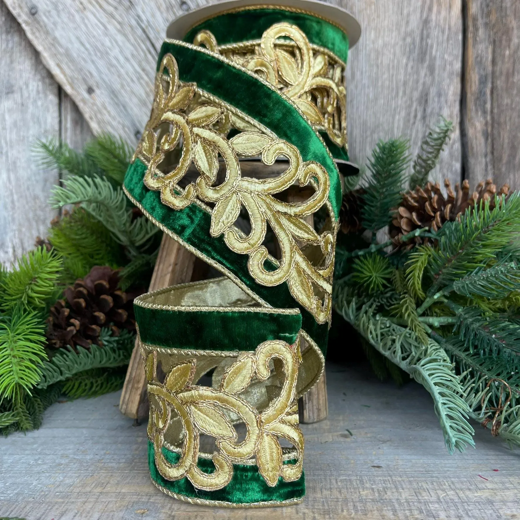 4" Emerald Green Gold Embroidered Lancet Ribbon, Farrisilk Ribbon