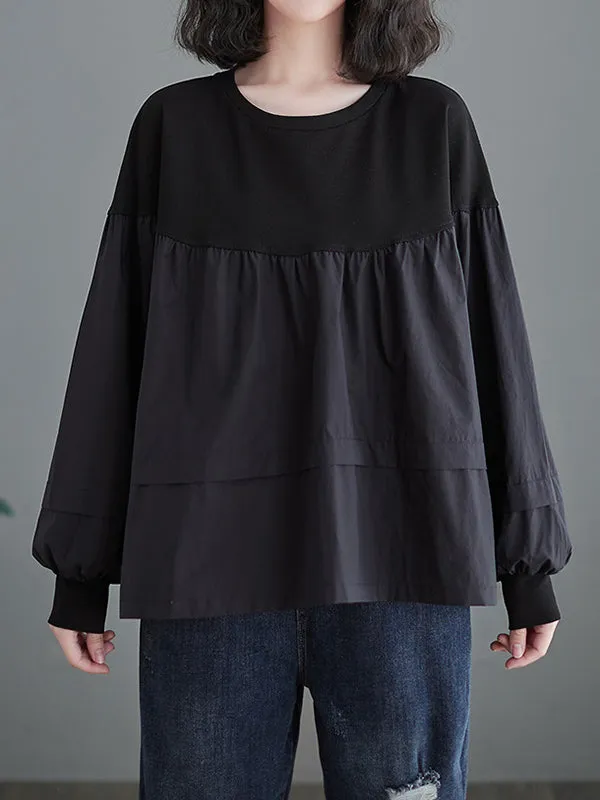 A-Line Long Sleeves Pleated Split-Joint Round-Neck T-Shirts Tops