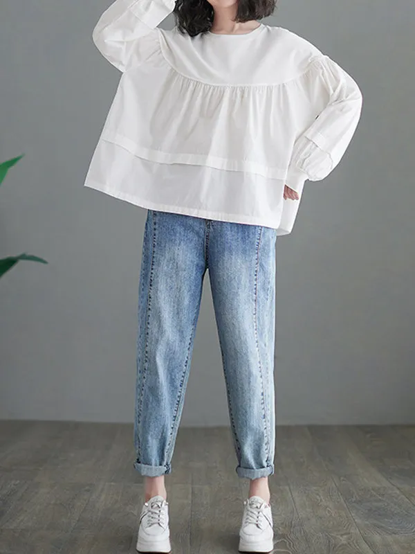 A-Line Long Sleeves Pleated Split-Joint Round-Neck T-Shirts Tops