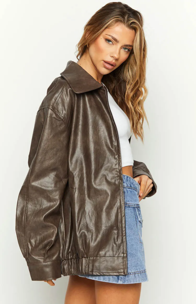 Abbi PU Vintage Brown Bomber Jacket