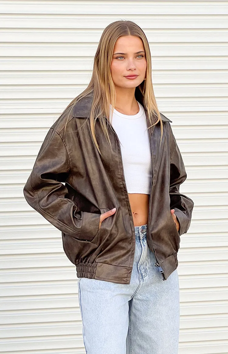 Abbi PU Vintage Brown Bomber Jacket