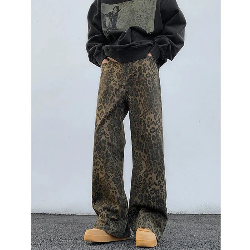 Amy Fashion - 2024 Y2K Leopard Print Wide Leg Women High Waisted Fashion Streetwear Retro Denim Baggy Casual Straight Jean