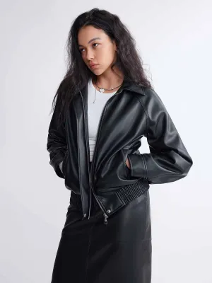 ASOBIO PU Leather Small Lapel Bomber Jacket