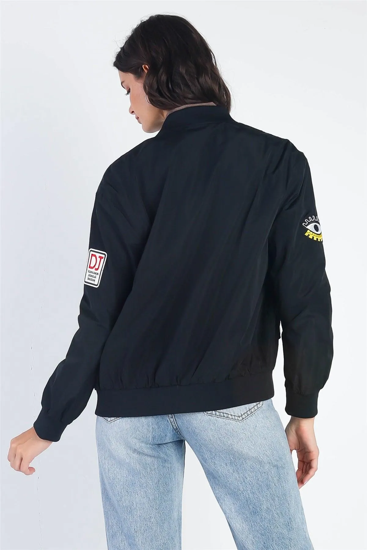 Aviator Black Retro Patches Long Sleeve Bomber Jacket /1-1-1