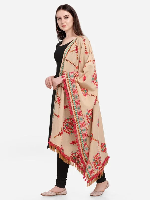 Beige Floral Motifs Aari Heavily Embroidered Khadi Shawl/Dupatta