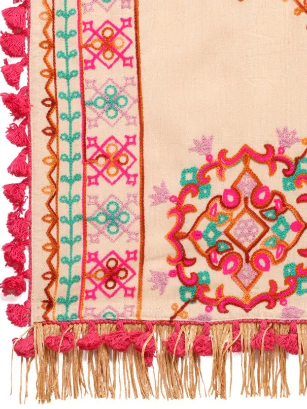 Beige Floral Motifs Aari Heavily Embroidered Khadi Shawl/Dupatta