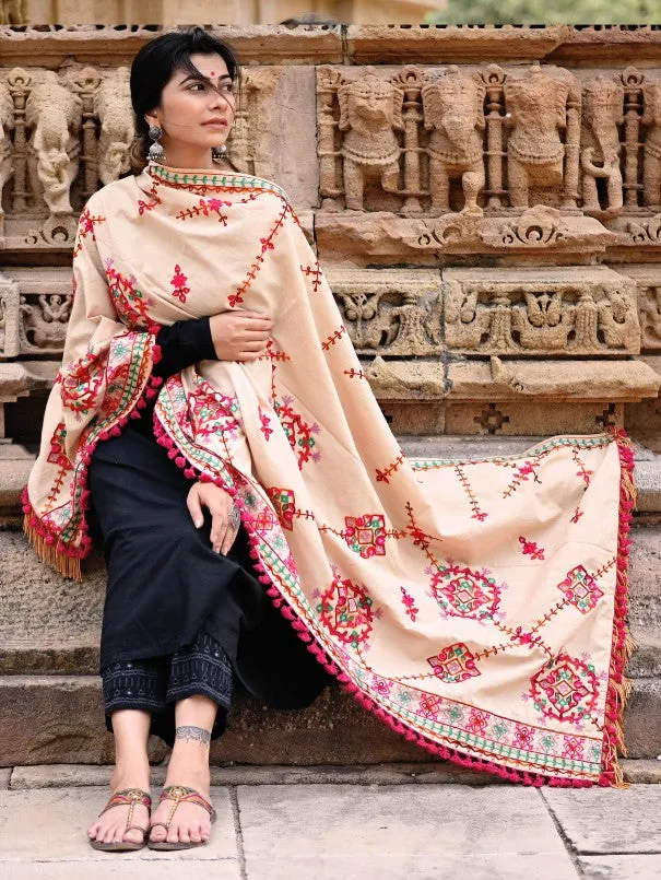 Beige Floral Motifs Aari Heavily Embroidered Khadi Shawl/Dupatta