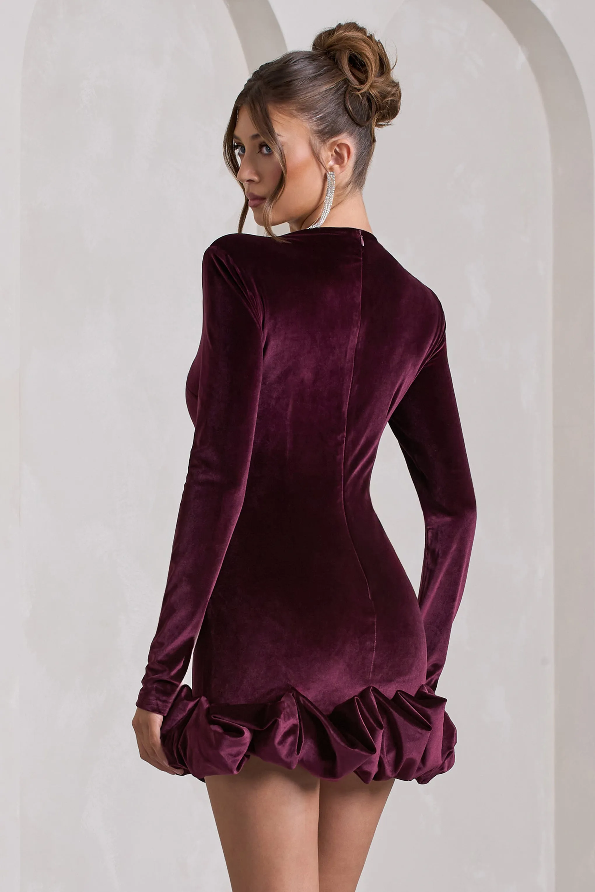 Claudine | Port Velvet Long-Sleeved Ruffled Mini Dress