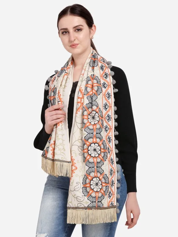 Cream African Motif Woollen Embroidered Muffler