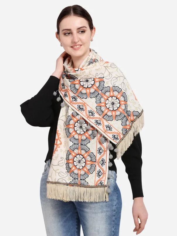 Cream African Motif Woollen Embroidered Muffler