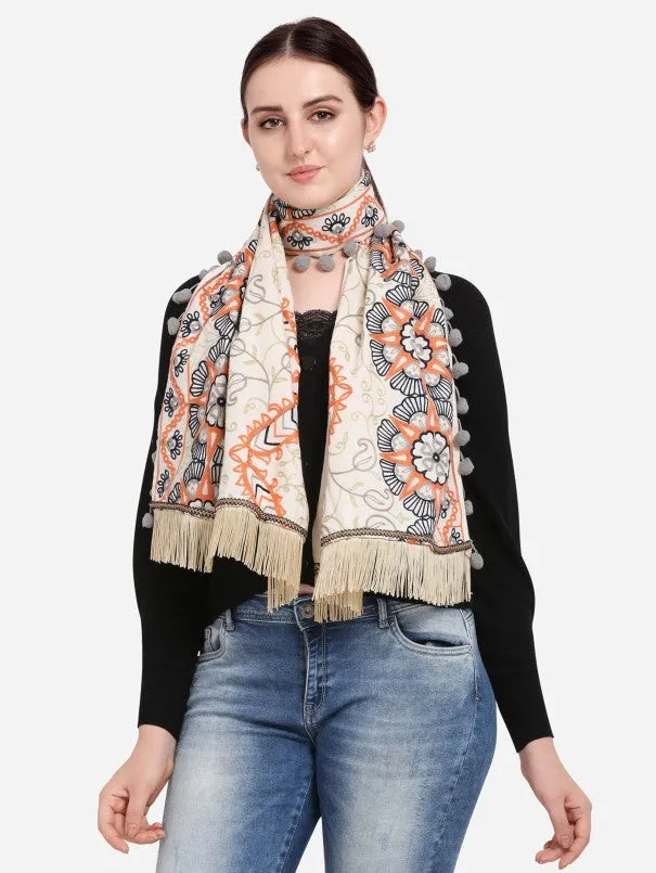 Cream African Motif Woollen Embroidered Muffler