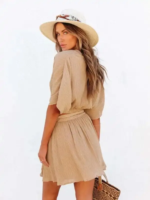 Cross open back V-neck bat sleeve jacket slit skirt short skirt suit