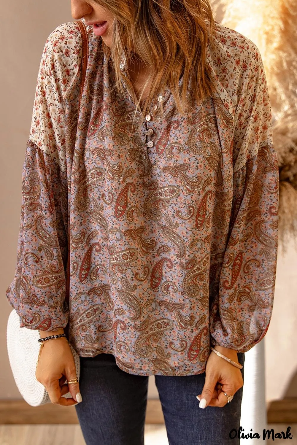 Deanwangkt - Brown Paisley Floral Patch Long Sleeve Blouse