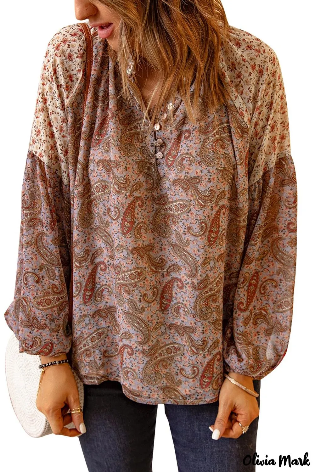 Deanwangkt - Brown Paisley Floral Patch Long Sleeve Blouse