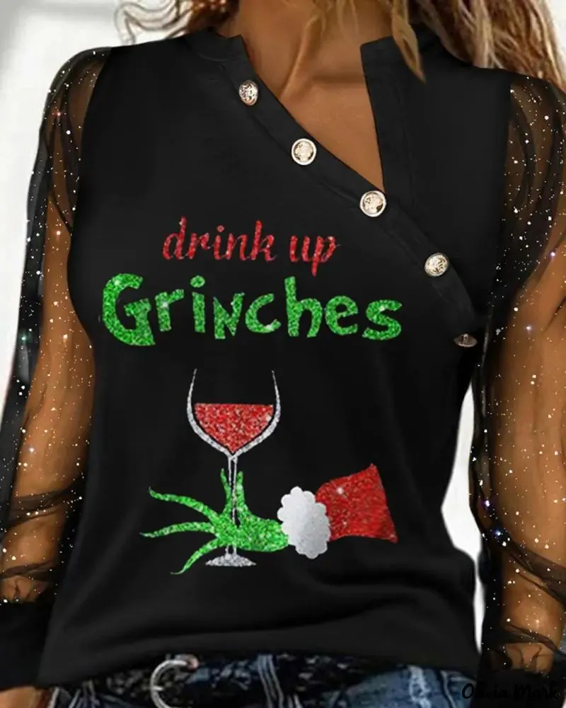 Deanwangkt - Christmas Grinch Print Sparkly Sheer Tulle Long Sleeve Top