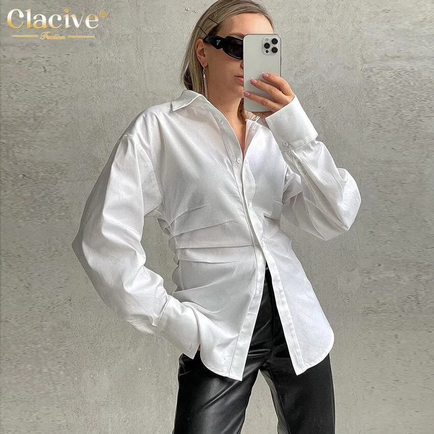 deanwangkt Fashion Woman Blouses  Autumn Casual Slim Lapel Long Sleeve White Shirt Elegant Ruched Office Blusas Female Clothing