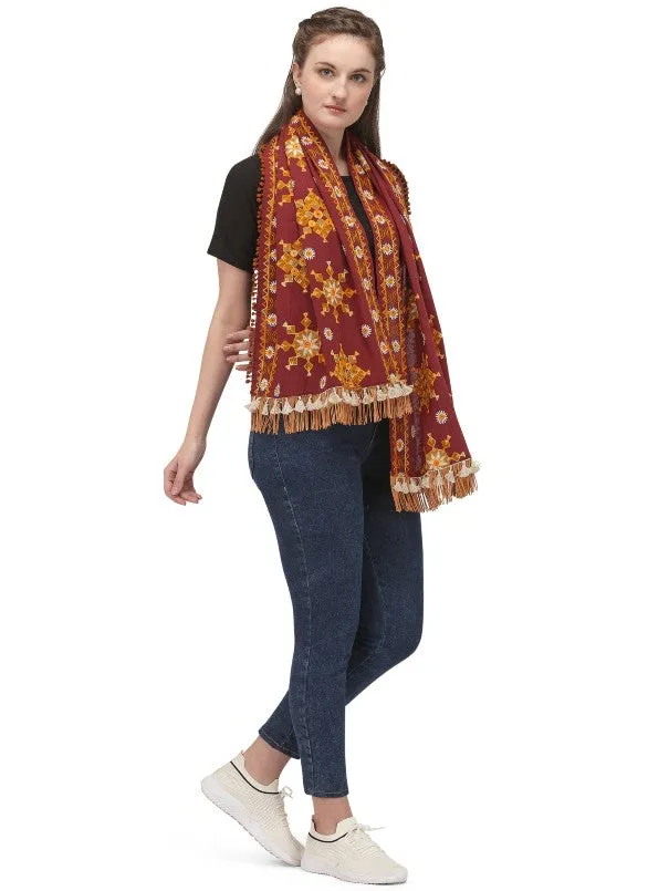 Deep Wine Snow Flake Woollen Embroidered Khadi Muffler