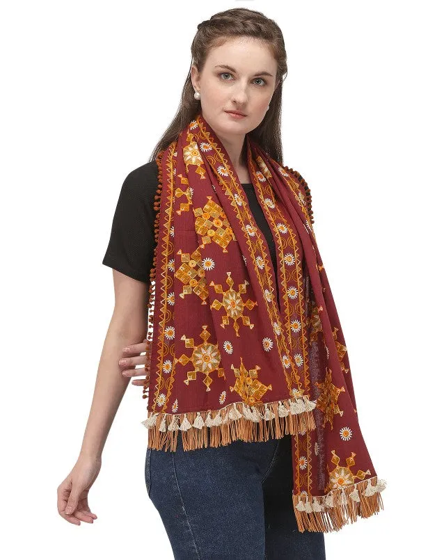 Deep Wine Snow Flake Woollen Embroidered Khadi Muffler