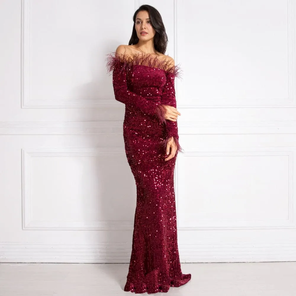 DressBetty - Burgundy Shiny Sequin Feather Velvet Party Dress