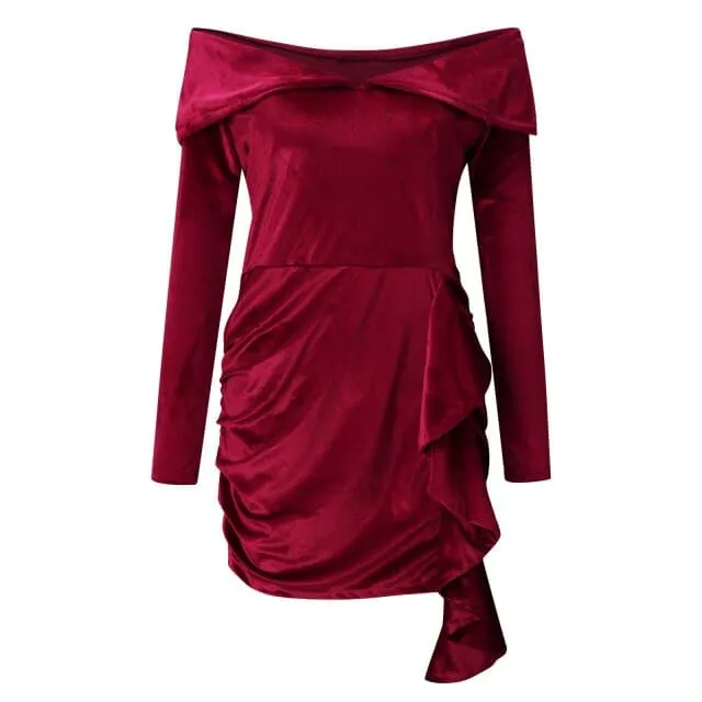 DressBetty - Velvet New Year Party Dress High Waist Draped Sexy Bodycon Dress Pure Color Off Shoulder Mini Dress