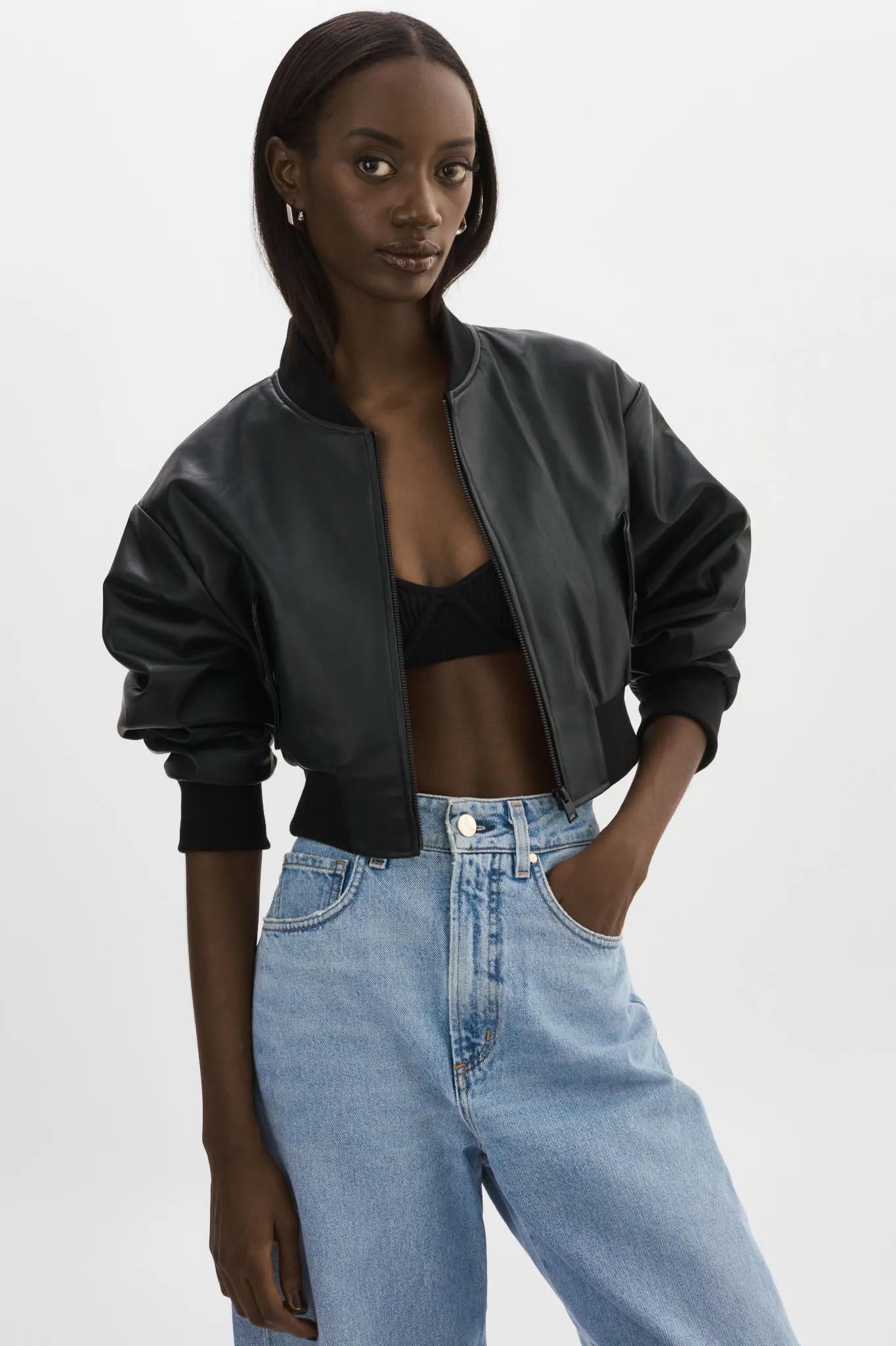 EVELIN | Faux Leather Cropped Bomber