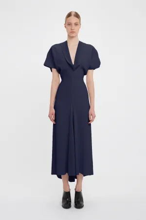 Exclusive Drape Sleeve V-Neck Midi In Ink Blue