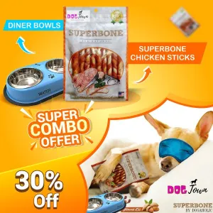 Exclusive Pet Dining Combo: Steel Double Diner Bowls with Anti-Slip Mat   Superbone Salmon Oil Chicken Sticks | 30% OFF