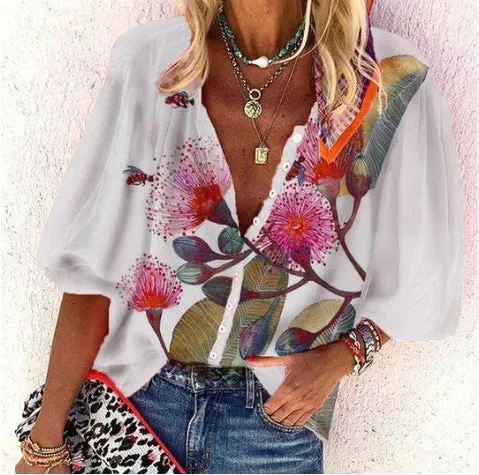 Fashion casual plant print V-neck top