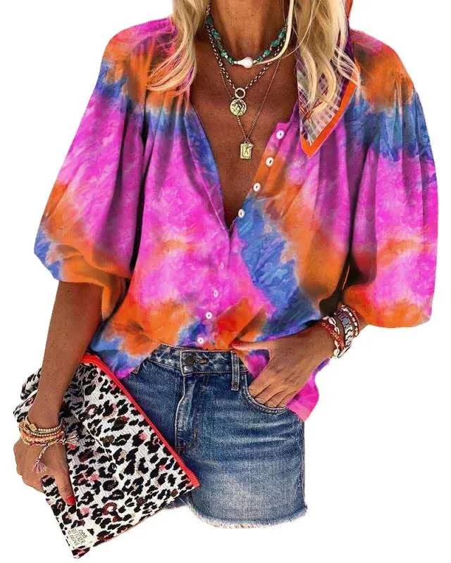 Fashion Casual Tie Dye Printing Long Sleeve V-neck Button Ladies Shirt Ladies