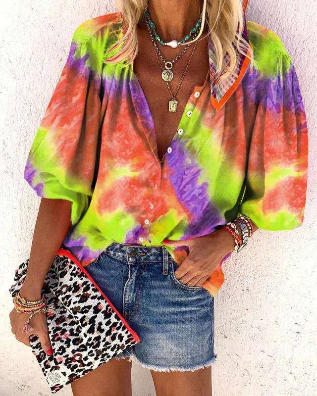 Fashion Casual Tie Dye Printing Long Sleeve V-neck Button Ladies Shirt Ladies