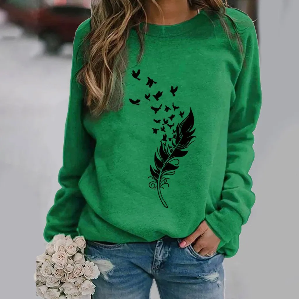 Feather fun pattern printed long-sleeved round neck sweater