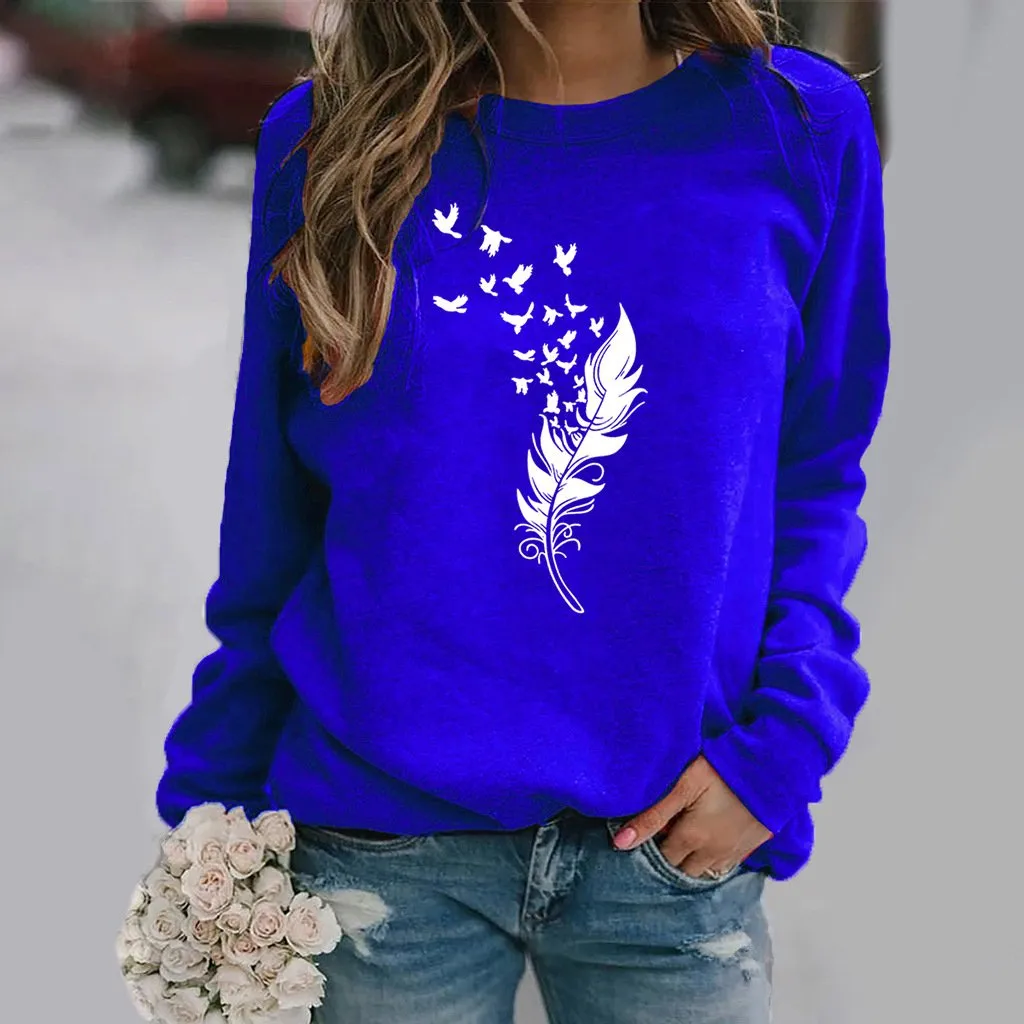 Feather fun pattern printed long-sleeved round neck sweater