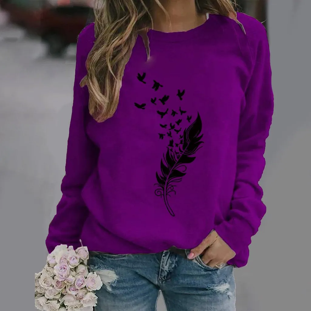 Feather fun pattern printed long-sleeved round neck sweater