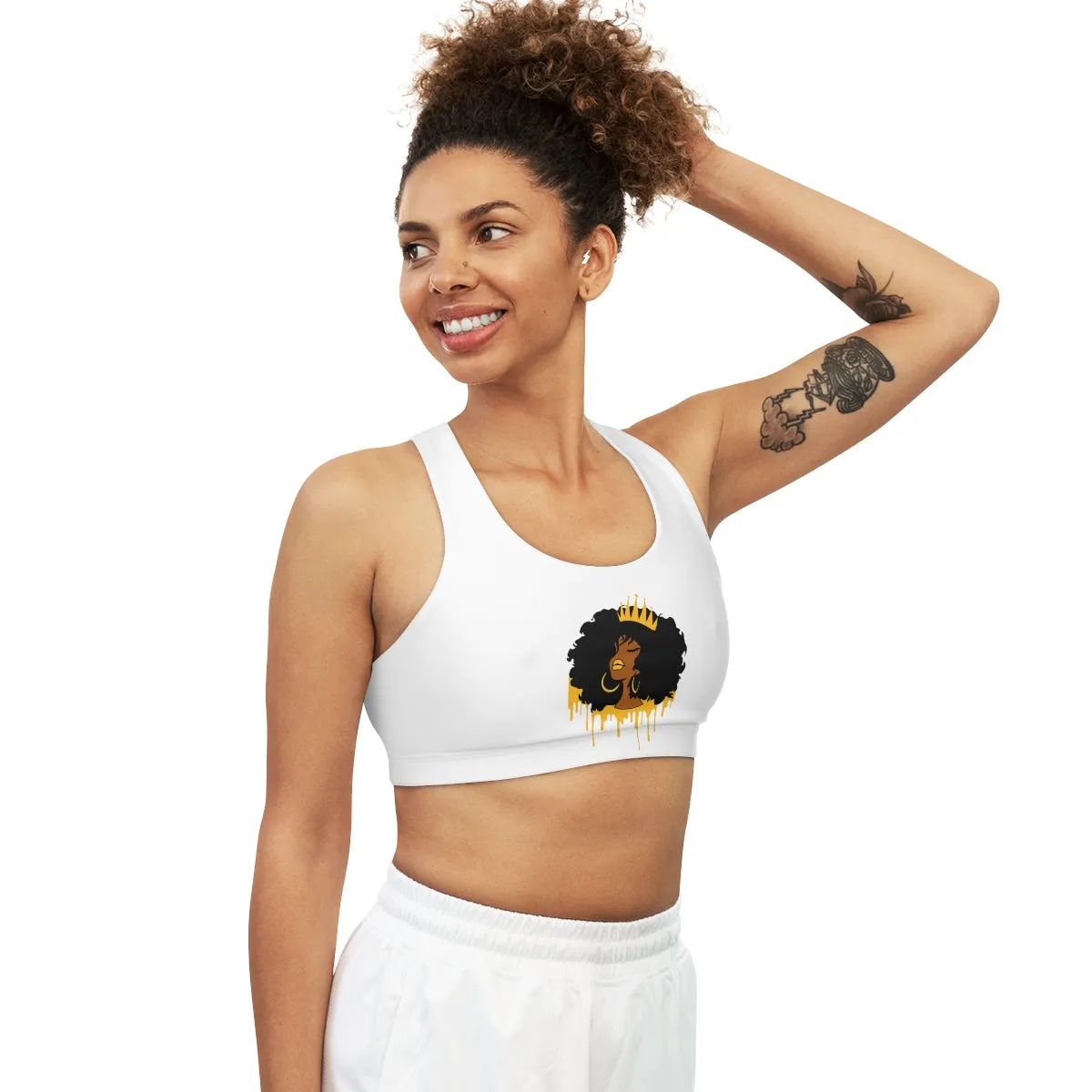 Golden Queen (White) Seamless Sports Bra (AOP)