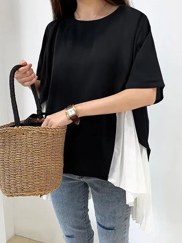 High-Low Loose Pleated Split-Joint Round-Neck T-Shirts Tops