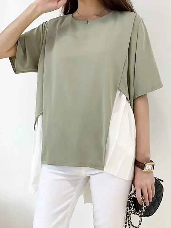 High-Low Loose Pleated Split-Joint Round-Neck T-Shirts Tops