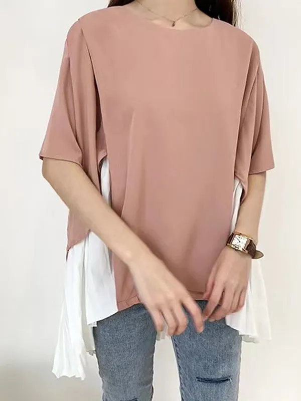 High-Low Loose Pleated Split-Joint Round-Neck T-Shirts Tops