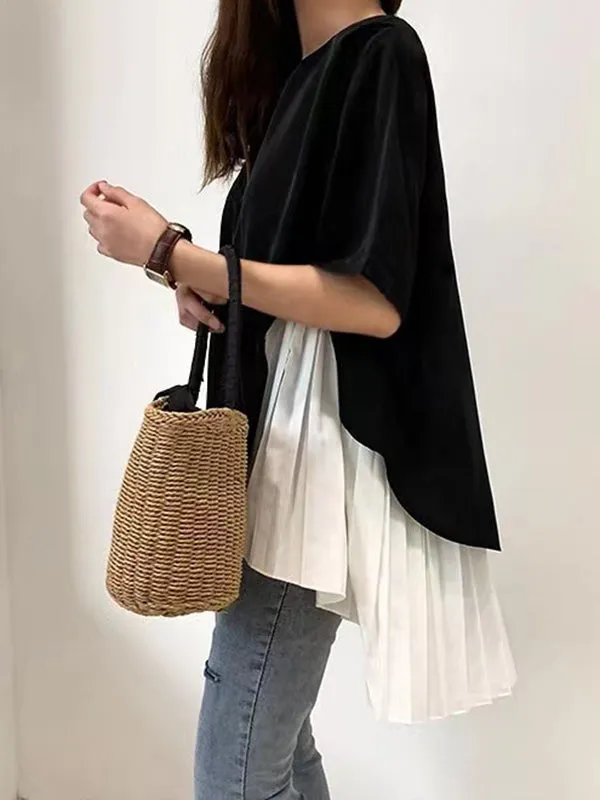 High-Low Loose Pleated Split-Joint Round-Neck T-Shirts Tops