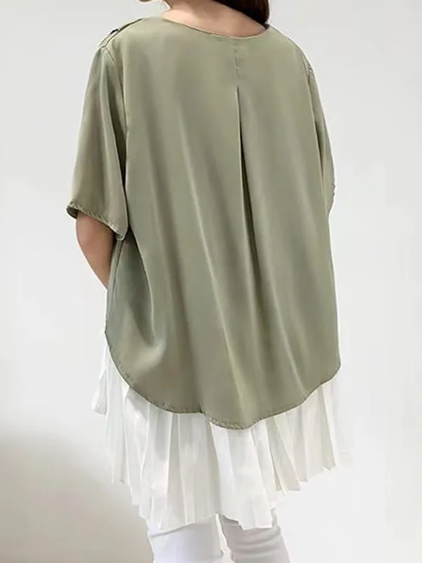 High-Low Loose Pleated Split-Joint Round-Neck T-Shirts Tops