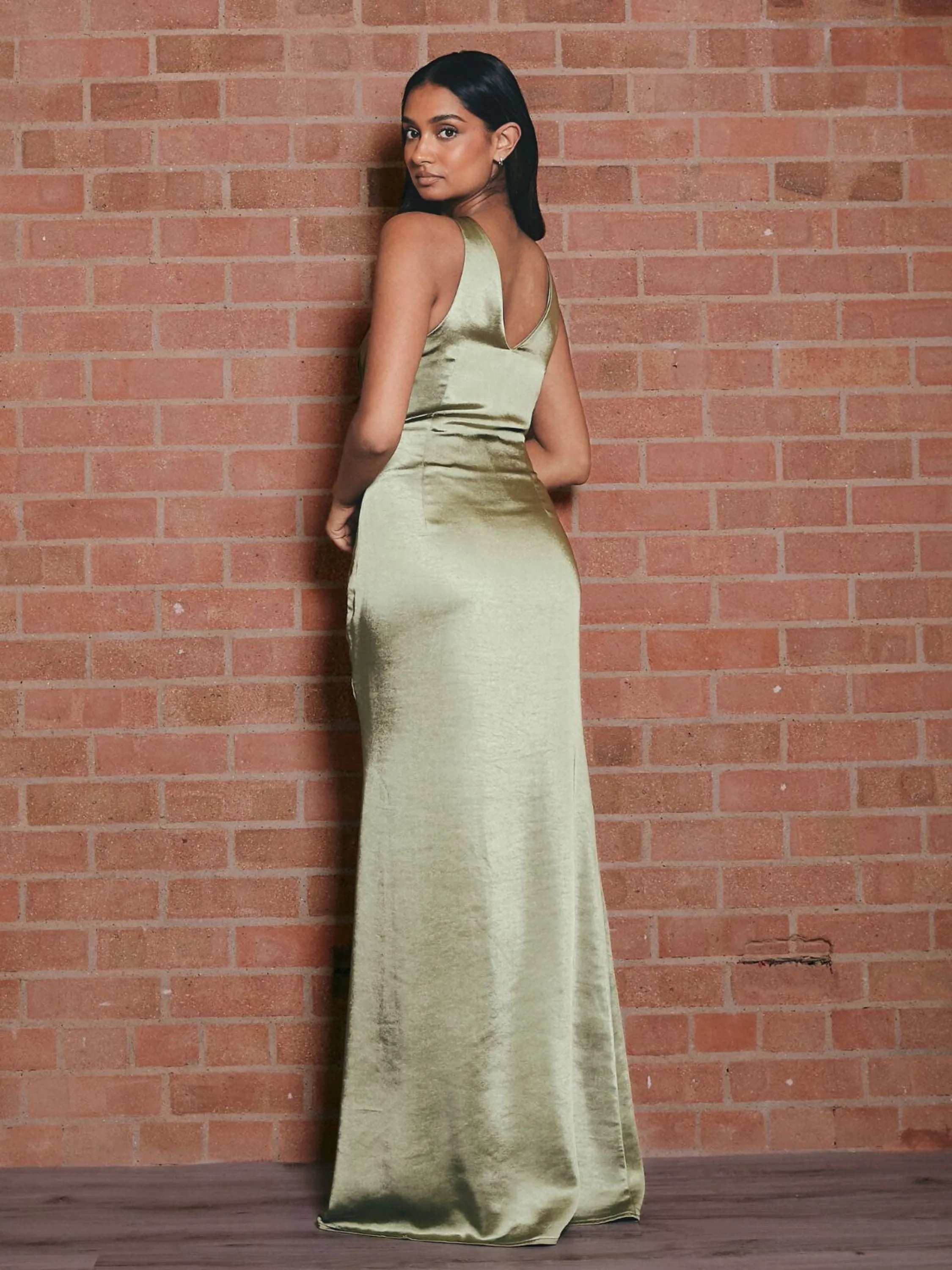 IMPERFECT V Neck Satin Maxi Dress / Olive