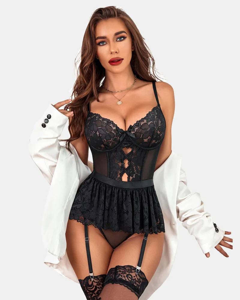 Lace Strappy Teddy with Garter Belt