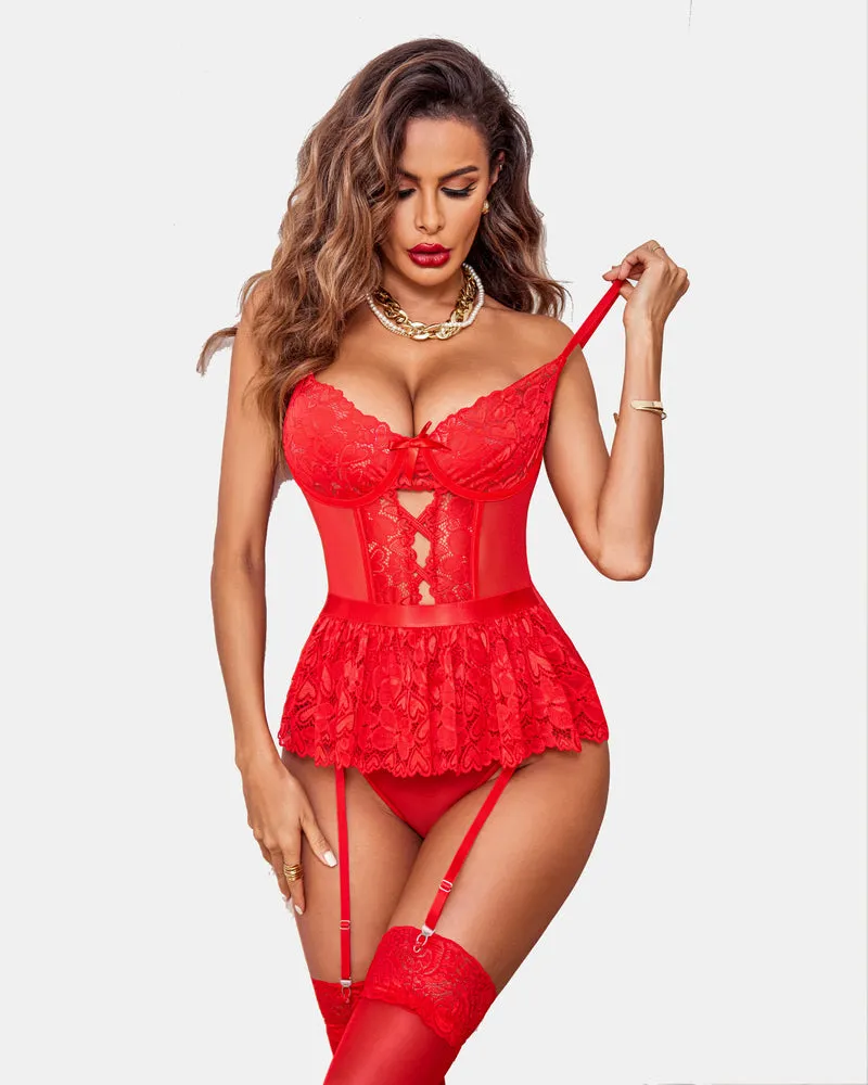 Lace Strappy Teddy with Garter Belt