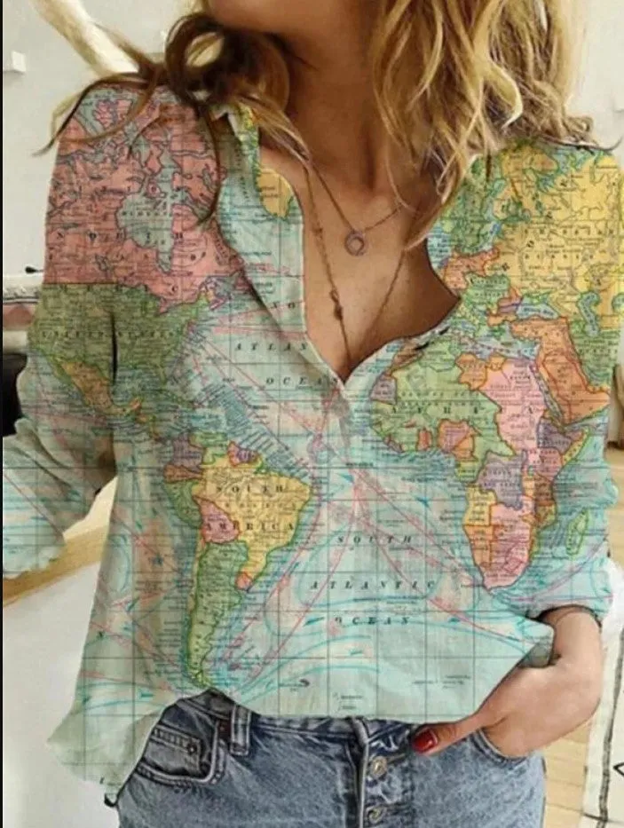 Long Sleeve Printed Straight Shirt Map Shirt