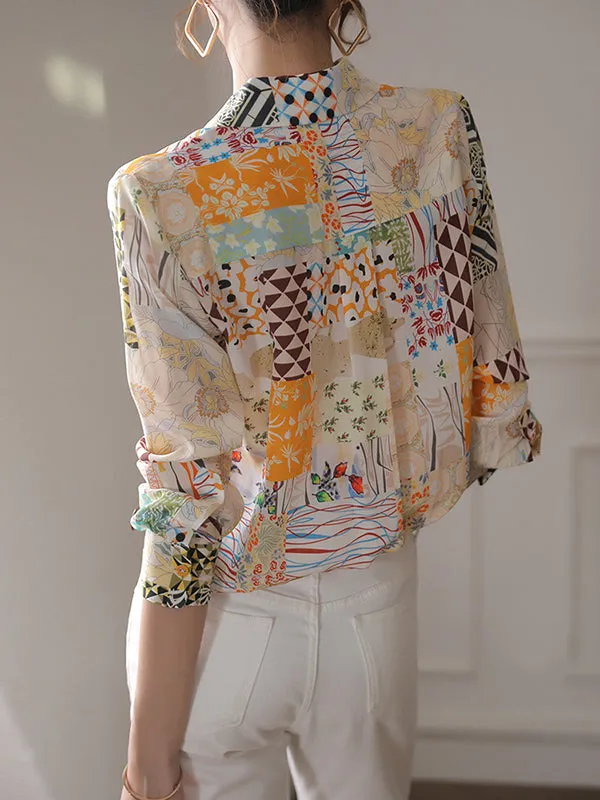 Long Sleeves Loose Buttoned Pockets Printed Lapel Blouses&Shirts Tops