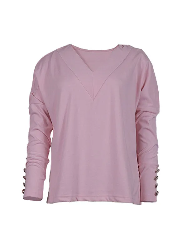 Long Sleeves Loose Buttoned V-Neck T-Shirts Tops