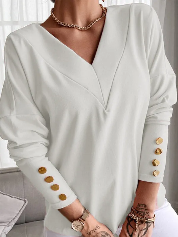 Long Sleeves Loose Buttoned V-Neck T-Shirts Tops