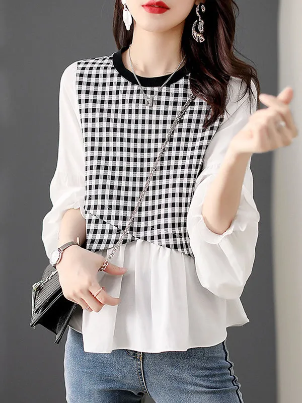 Long Sleeves Loose Elasticity Plaid Split-Joint Round-Neck T-Shirts Tops