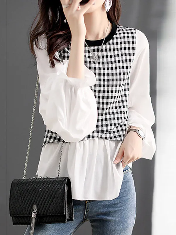 Long Sleeves Loose Elasticity Plaid Split-Joint Round-Neck T-Shirts Tops