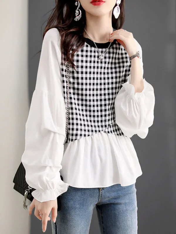 Long Sleeves Loose Elasticity Plaid Split-Joint Round-Neck T-Shirts Tops